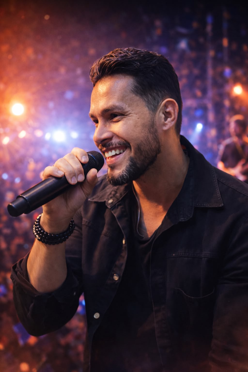 Ricky Moreira sorrindo com microfone e luzes ao fundo